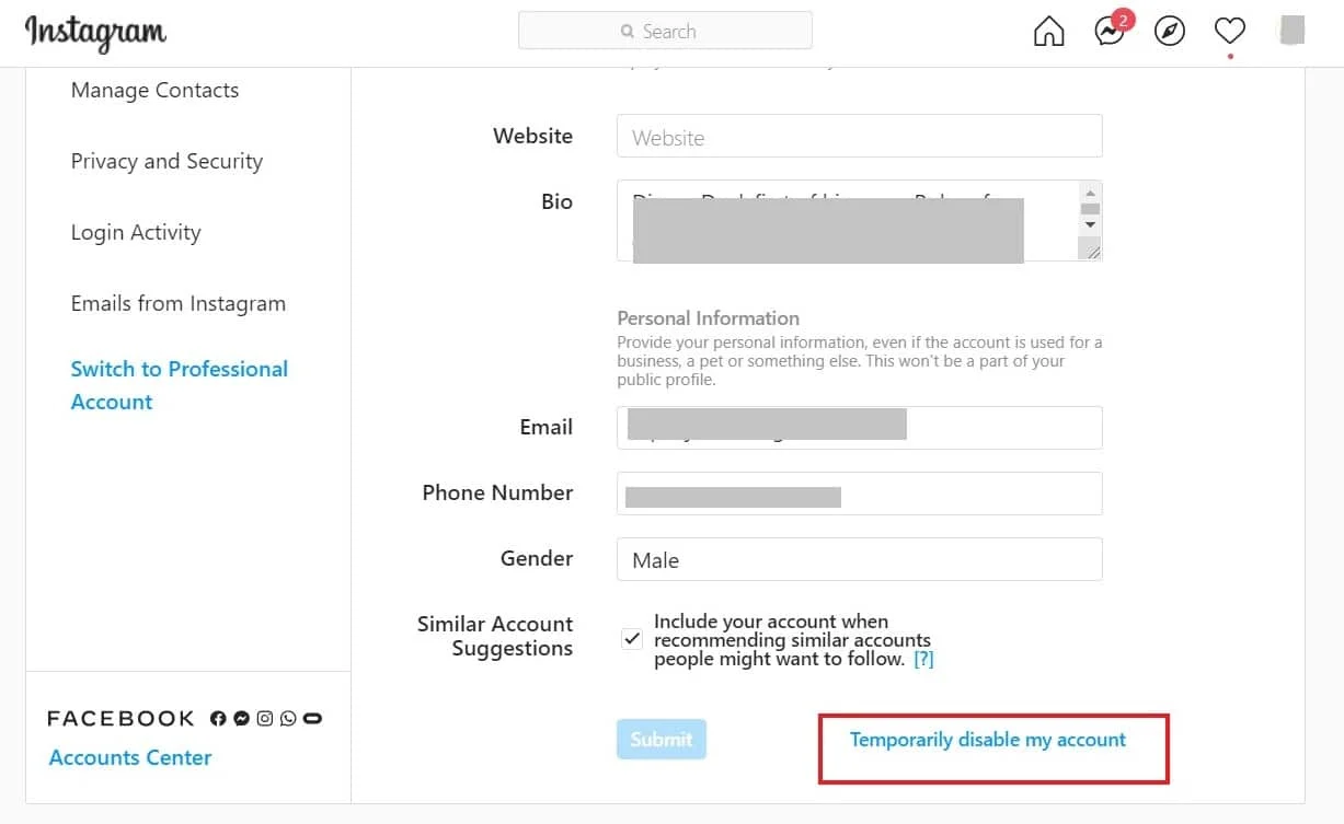 Scorri verso il basso e fai clic su Disattiva temporaneamente il mio account | svuotare la cache eliminare le immagini su Instagram