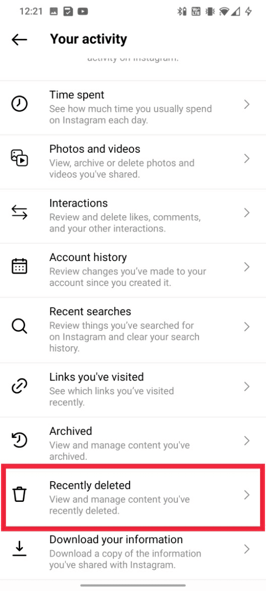 Scorri verso il basso e tocca Eliminati di recente | Come ripristinare il tuo account Instagram-1
