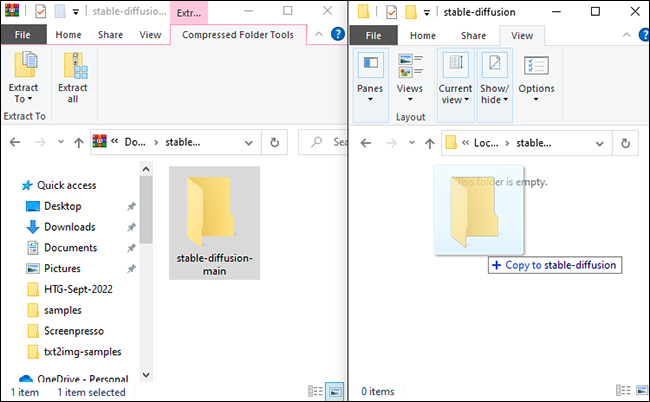 ZIP ファイルの内容を stable-diffusion フォルダーにドラッグ アンド ドロップします。