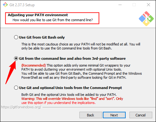 تأكد من تحديد "Git From the Command Line And also From 3rd Party Software".