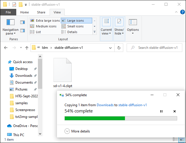 คัดลอกไฟล์โมเดลลงในโฟลเดอร์ stable-diffuse-v1