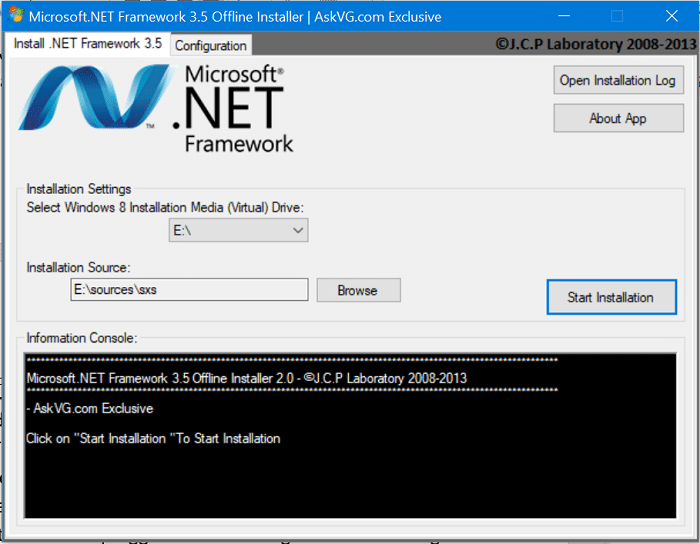 Choisissez l'emplacement du support d'installation et le dossier de destination pour l'installation de .NET Framework version 3.5