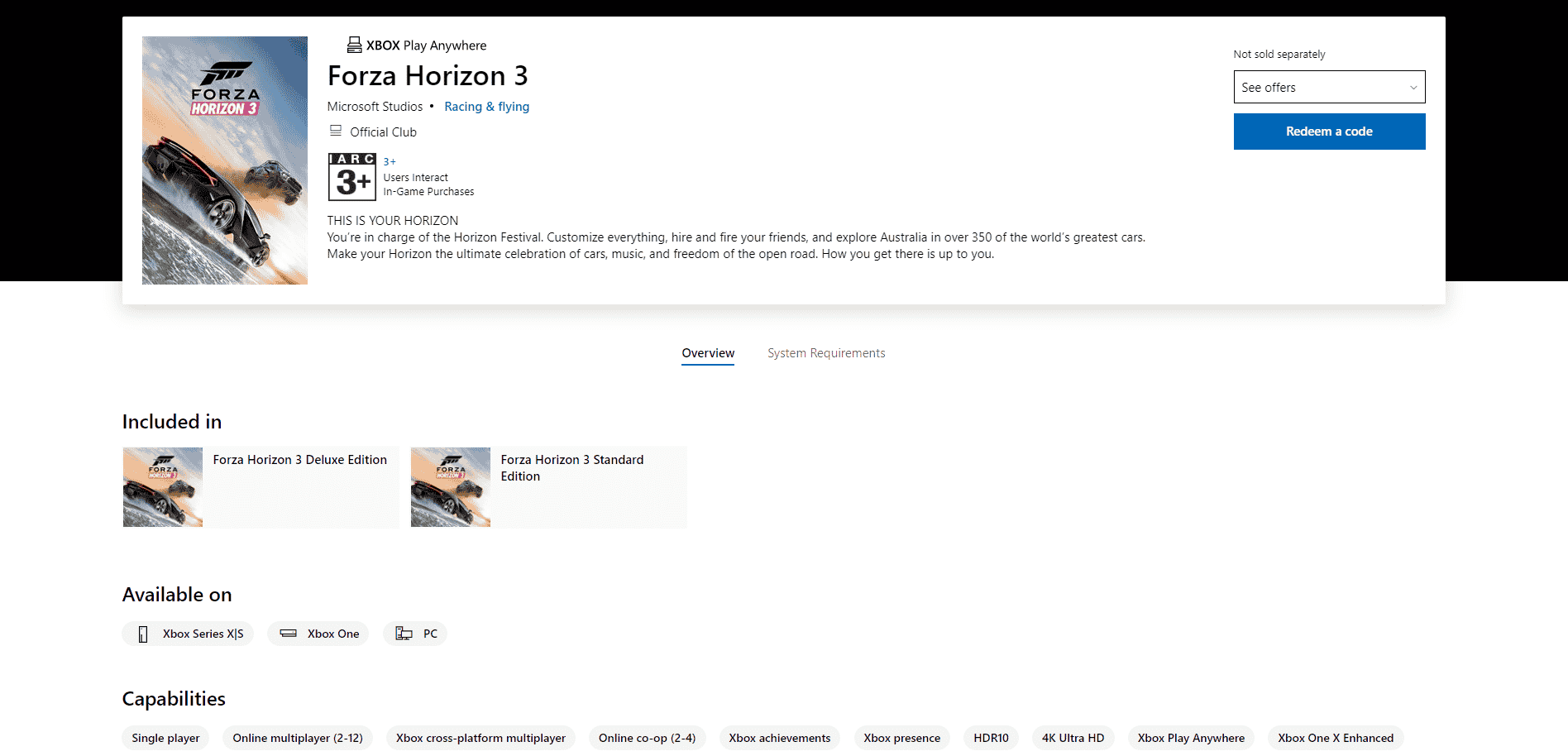 Pagina di forza Horizon 3 microsoft store