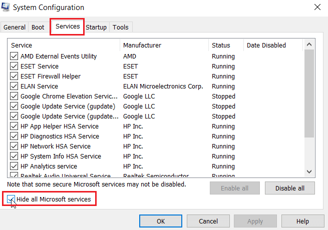 서비스로 이동하여 모든 Microsoft 서비스 숨기기를 클릭하십시오.