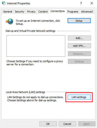 Configurações de LAN na janela de propriedades da Internet