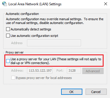 desmarque a opção usar um servidor proxy para sua lan