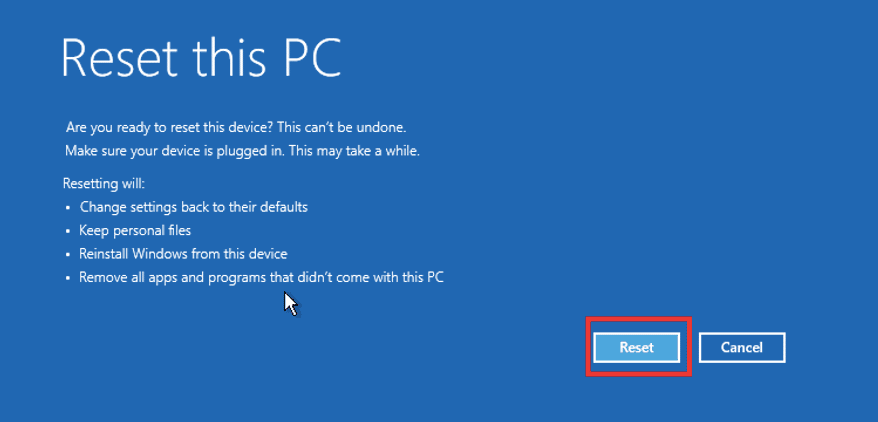 Klicken Sie auf Zurücksetzen, um diesen PC zurückzusetzen