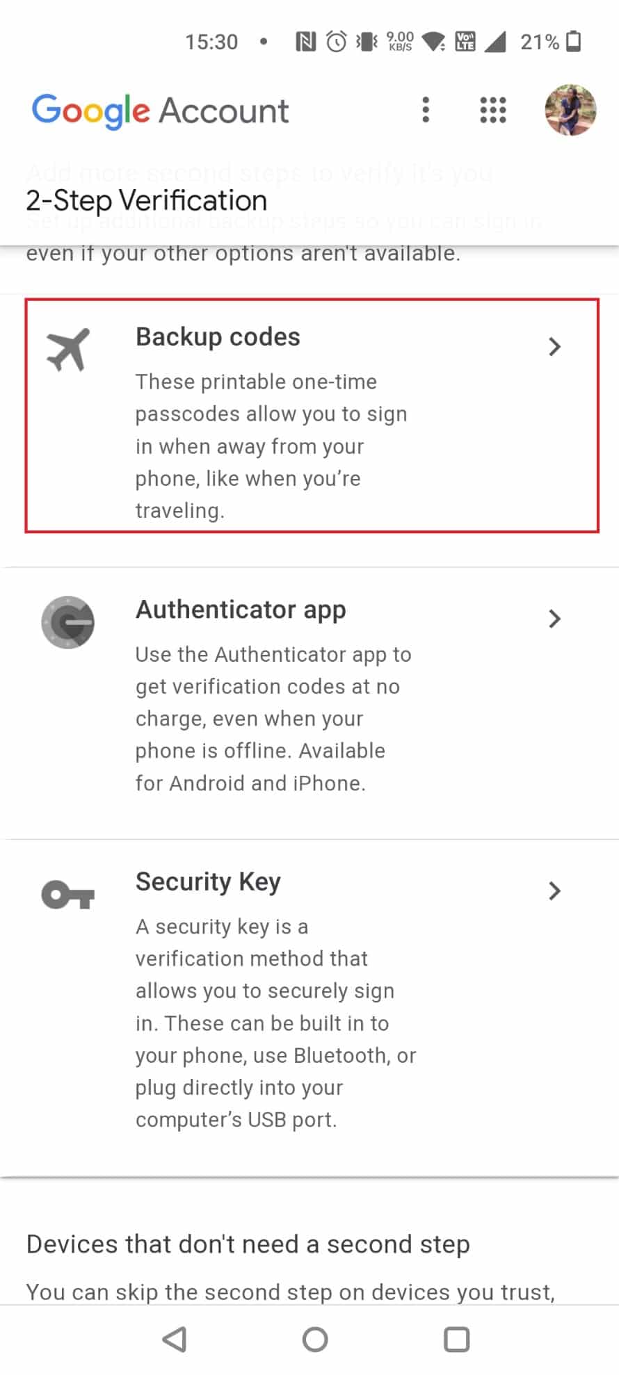 Deslice hacia abajo y toque Códigos de copia de seguridad | Código de respaldo de 8 dígitos para Gmail