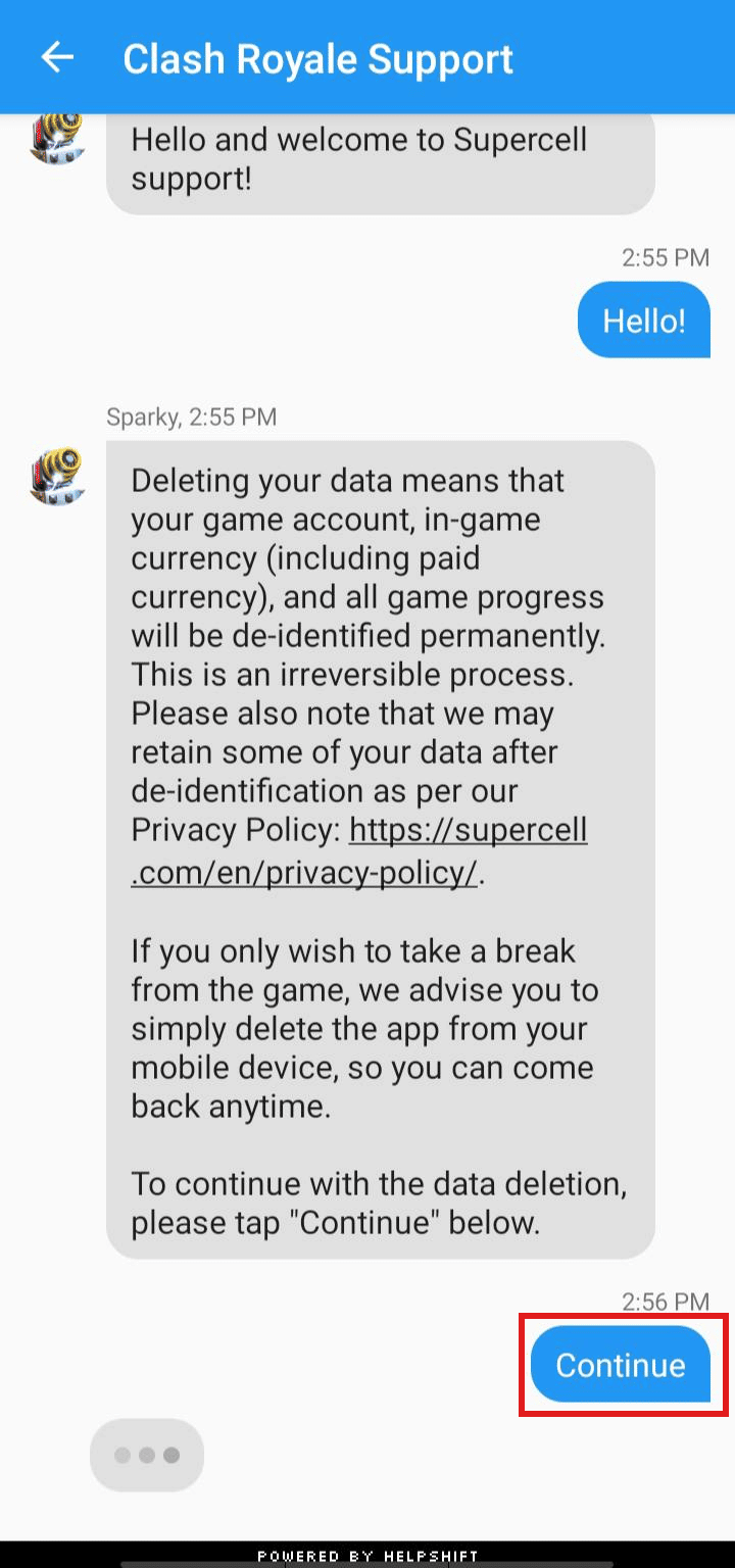 Kliknij Kontynuuj. | usuń identyfikator Supercell z Clash Royale