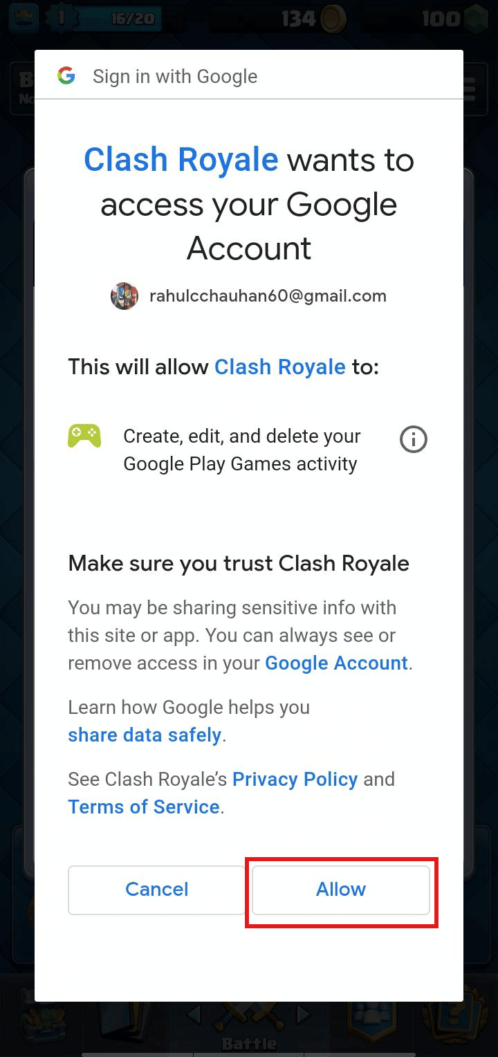 許可 | をタップします。クラッシュ・ロワイヤルのアカウントを削除する方法 | Clash Royale から Supercell ID を削除する