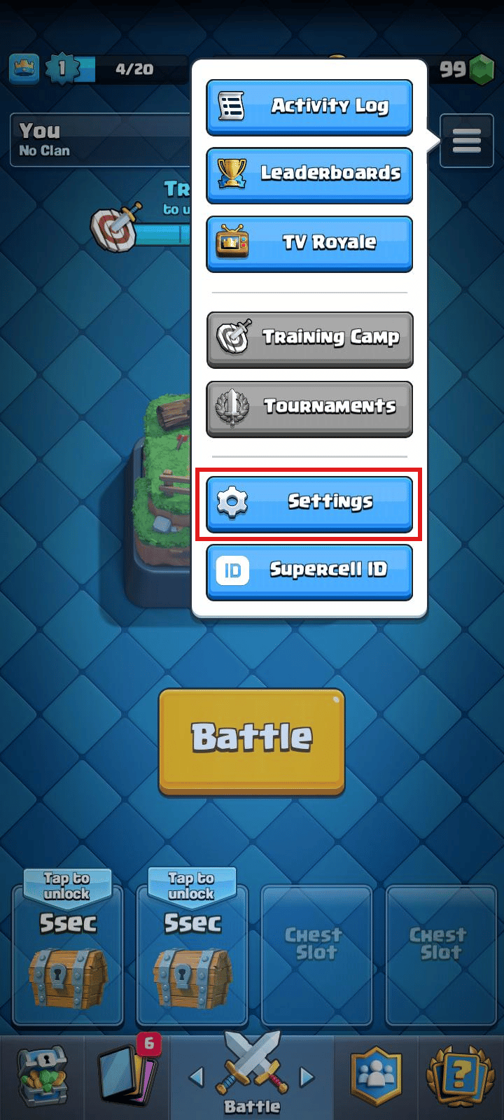 Toque en Configuración | Como borrar una cuenta de clash royale