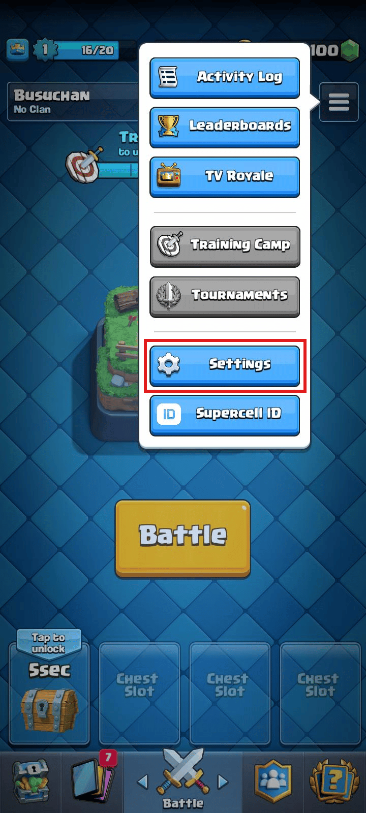 Desde las opciones, toque Configuración. | eliminar Supercell ID de Clash Royale