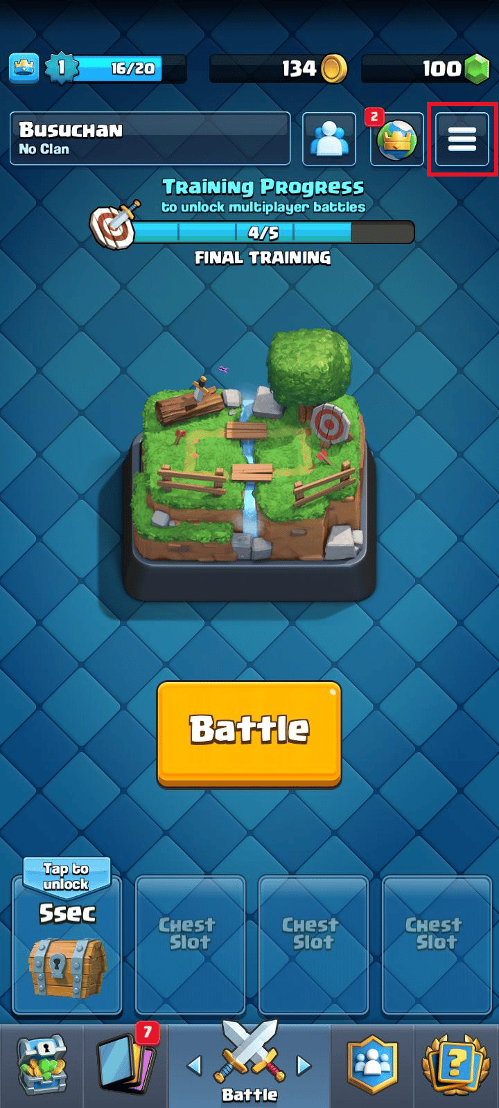 Tippen Sie auf dem Startbildschirm auf das Hamburger-Symbol oben rechts auf dem Bildschirm | So löschen Sie ein Clash Royale-Konto