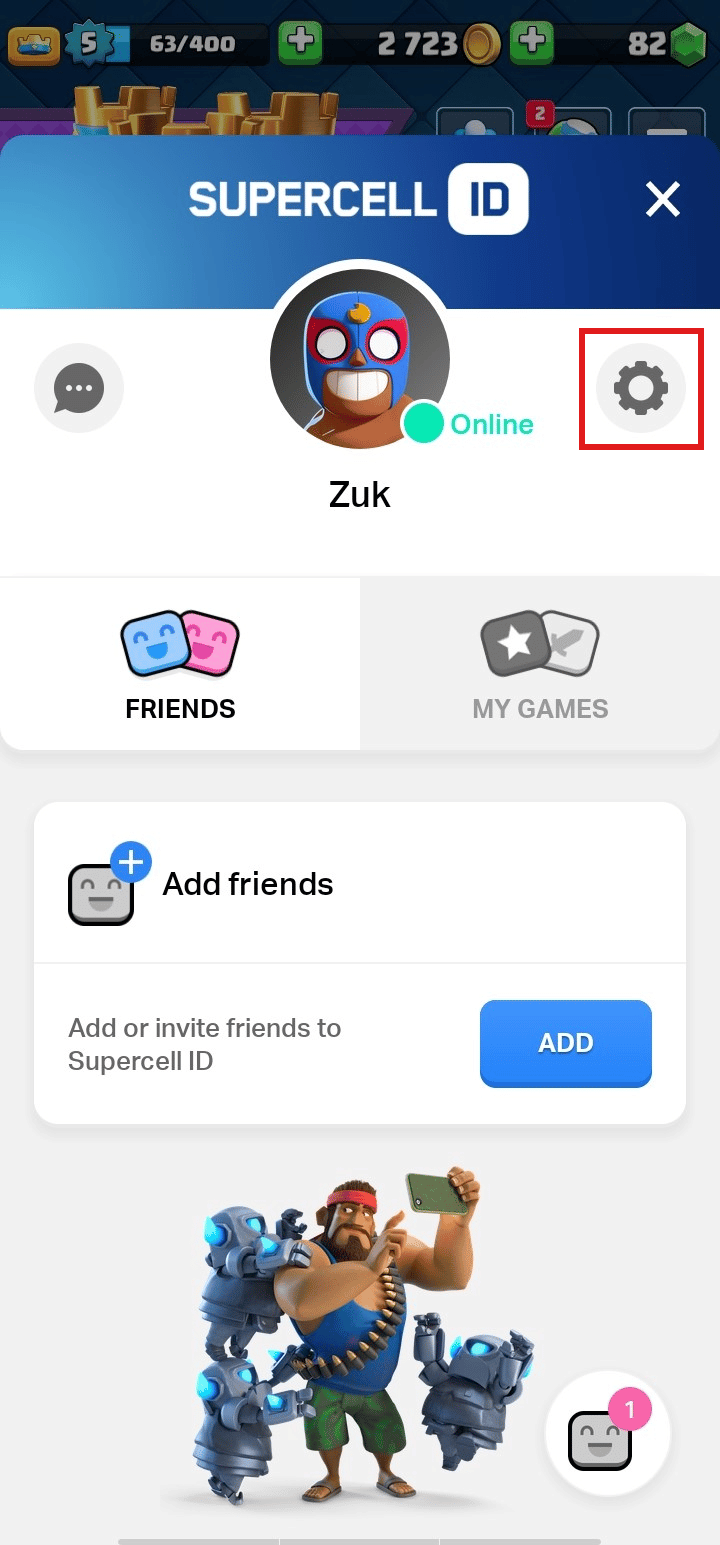 Ketuk ikon Pengaturan di atas profil akun Anda. | hapus Supercell ID dari Clash Royale