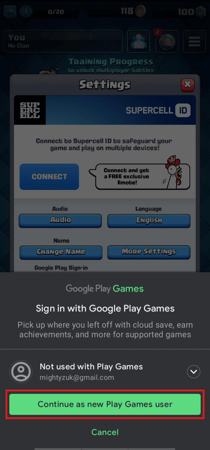 Tocca Continua come nuovo utente di Play Games | Come eliminare l'account Clash Royale | rimuovere l'ID Supercell da Clash Royale