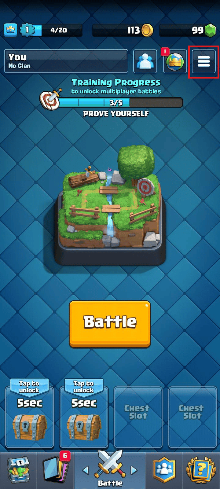 Ketuk ikon menu hamburger di kanan atas layar. | hapus Supercell ID dari Clash Royale