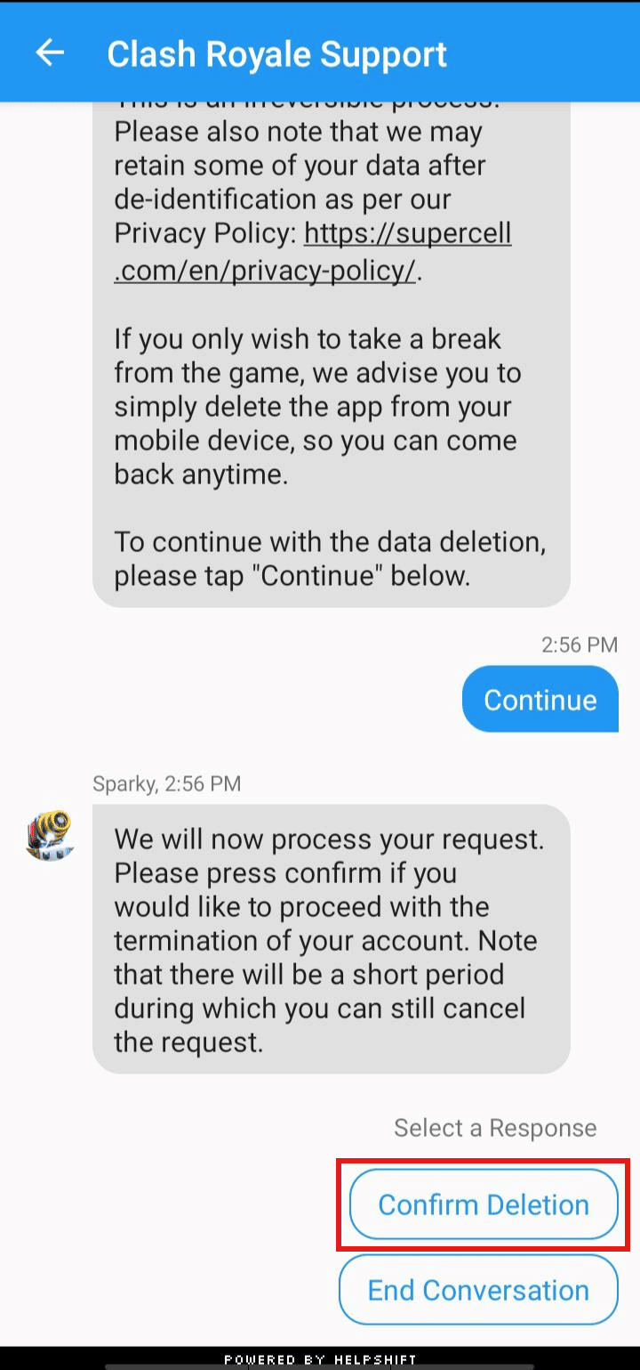 Haga clic en Confirmar eliminación para confirmar el proceso de eliminación. | eliminar Supercell ID de Clash Royale