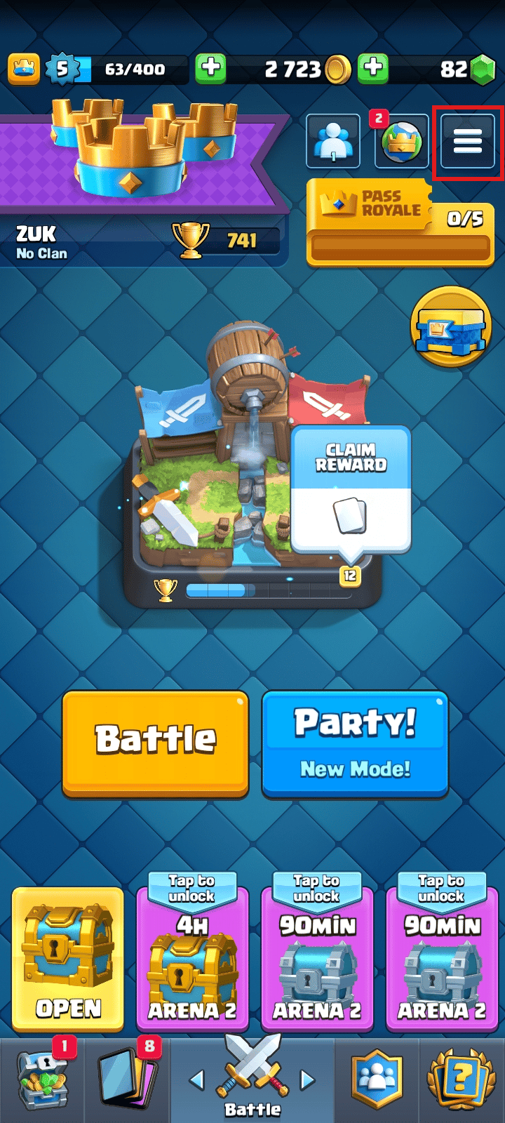 Ketuk ikon menu hamburger di kanan atas layar | Cara menghapus akun clash royale | hapus Supercell ID dari Clash Royale