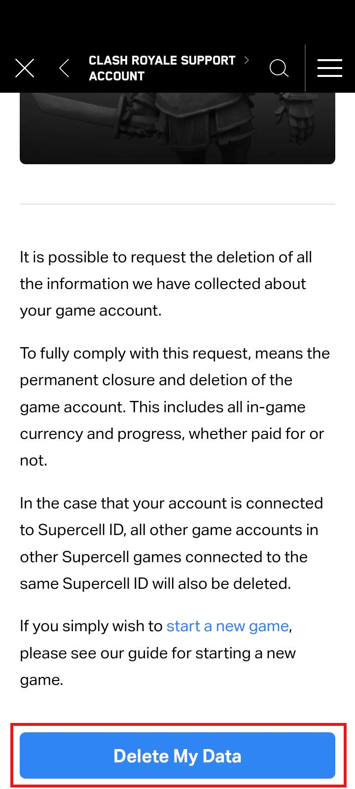 Fare clic su Elimina i miei dati | Come eliminare l'account Clash Royale