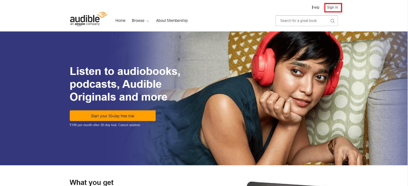 Clicca su Accedi | Come gestisci il tuo account Audible | cancella il tuo abbonamento Audible sul tuo telefono