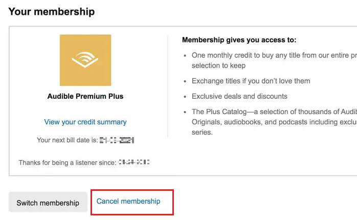 Faceți clic pe Anulați calitatea de membru sub detaliile abonamentului | anulați abonamentul Audible de pe telefon