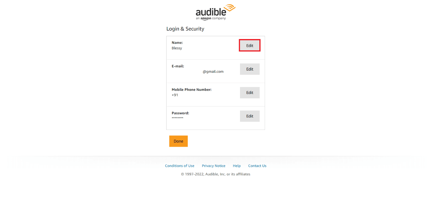 fare clic su Modifica accanto al dettaglio che si desidera modificare | Come gestisci il tuo account Audible