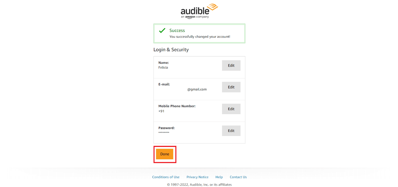 clicca su Fatto | Come gestisci il tuo account Audible