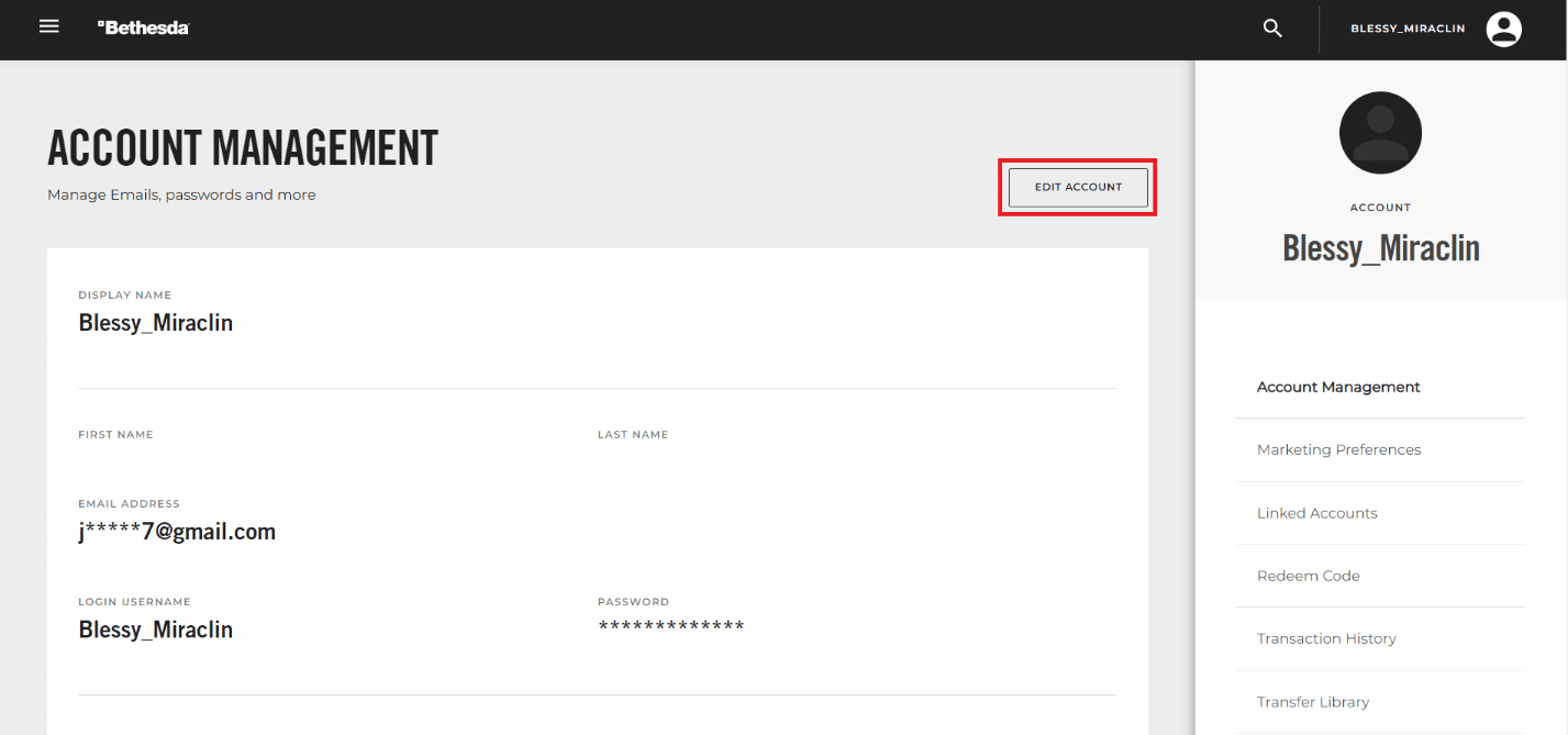 계정 편집을 클릭 | Bethesda 계정을 복구하는 방법
