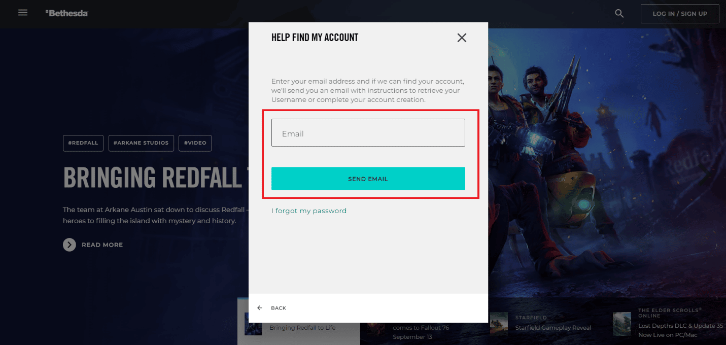 輸入您已鏈接 Bethesda 的電子郵件地址，然後單擊發送電子郵件