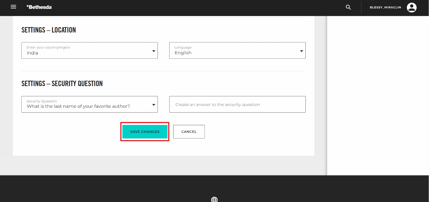 przewiń w dół i kliknij ZAPISZ ZMIANY | Jak odzyskać konto Bethesda?