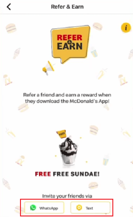 Vă puteți recomanda prietenii atingând WhatsApp sau Text | revendica recompensele McDonald's