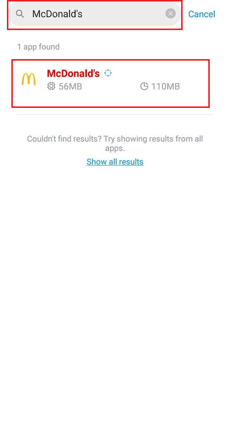 Найдите приложение McDonald's и нажмите на результат.