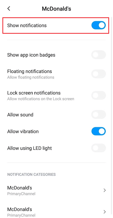activați comutatorul pentru Afișare notificări pentru aplicația McDonald's | Cum să utilizați aplicația McDonald's | revendica recompensele McDonald's