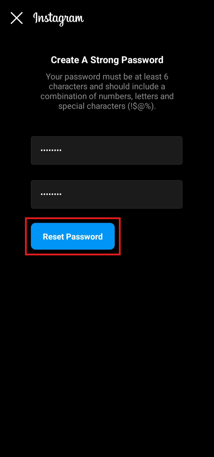 أدخل كلمة المرور الجديدة ، وأكدها ، وانقر فوق إعادة تعيين كلمة المرور | كيفية تغيير كلمة المرور الخاصة بك على Instagram