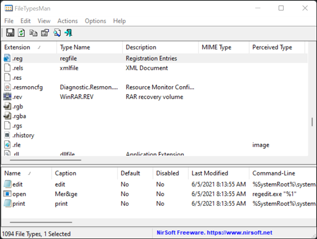 นามสกุลไฟล์ทั้งหมดแสดงอยู่ใน FileTypesMan