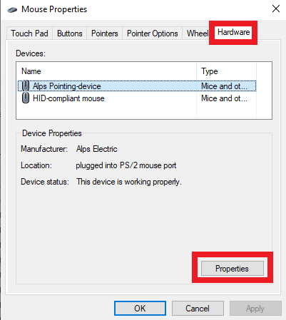 Vaya a la pestaña Hardware y haga clic en Propiedades