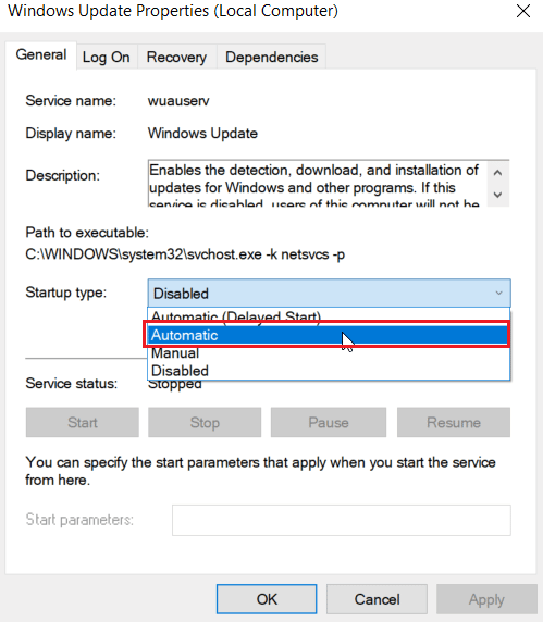 sélectionnez le type de démarrage sur automatique. Correction de l'erreur 0x80240024 du Windows Store