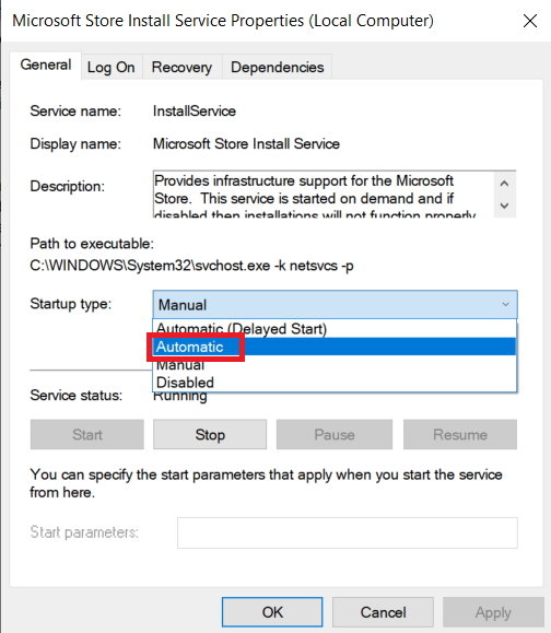 Cliquez sur le type de démarrage : menu déroulant sur Automatique. Correction de l'erreur 0x80240024 du Windows Store