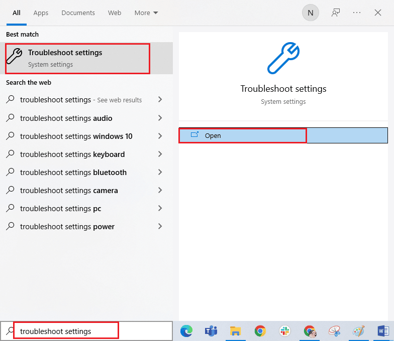 Navegue até o menu de pesquisa e digite configurações de solução de problemas na barra de pesquisa. Corrigir o erro 0x80240024 da Windows Store