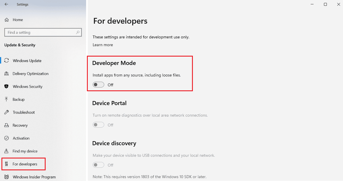 desligue o modo de desenvolvedor. Corrigir o erro 0x80240024 da Windows Store