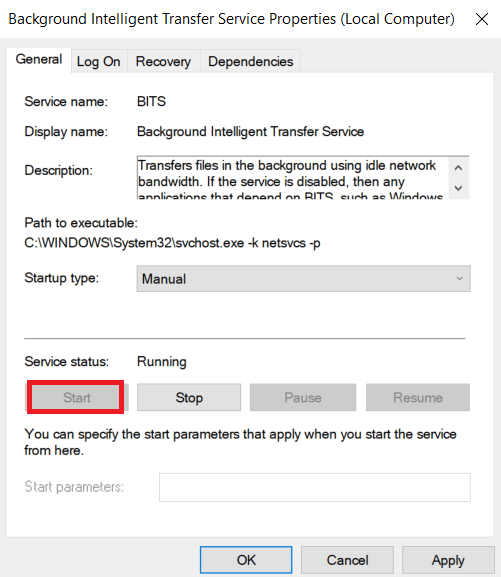 停止している場合は、[サービス ステータス] の下にある [開始] ボタンをクリックします。 Windowsストアエラー0x80240024を修正