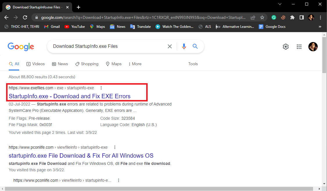 Klik pada hasil pertama dan temukan file exe startupinfo untuk versi File Windows Anda