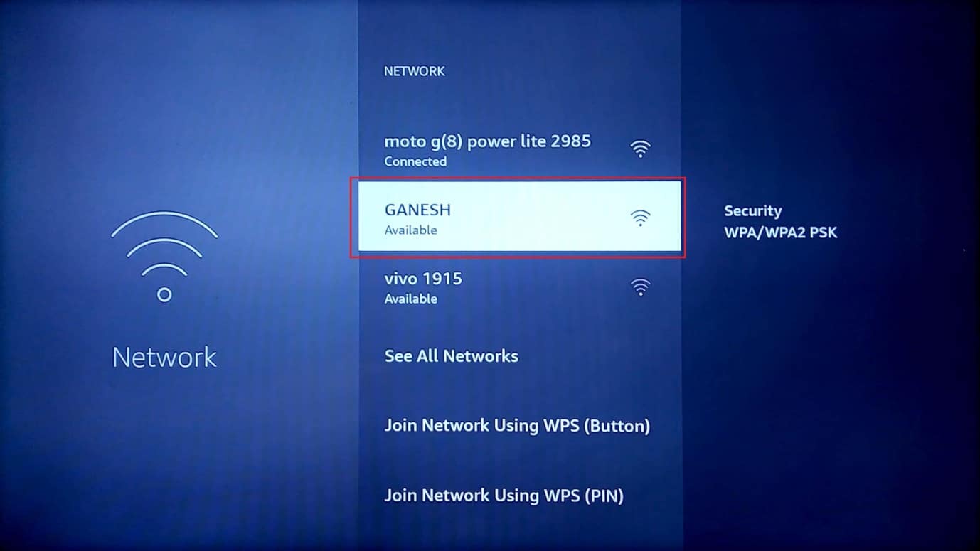 selectați orice rețea din meniul de rețea. Remediere Imposibil de actualizat Fire TV Stick 4K