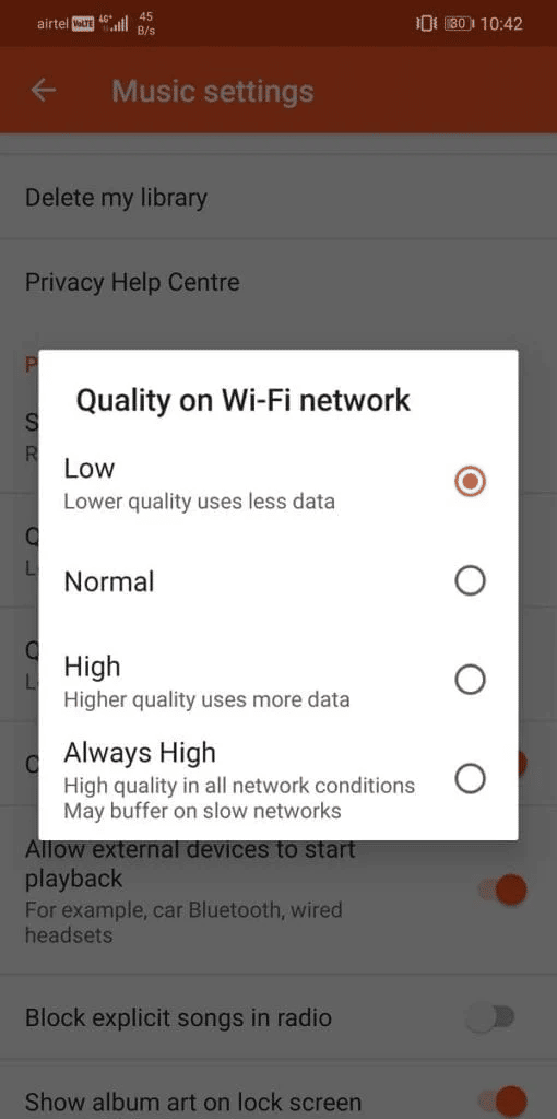 Establezca Calidad en la red Wi-Fi en Baja. Solucionar el error de reproducción de música de Google en Android