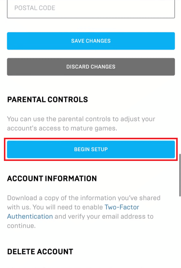 ปัดลงแล้วแตะที่ BEGIN SETUP ภายใต้ PARENTAL CONTROLS | วิธีปิดการควบคุมโดยผู้ปกครองใน Fortnite