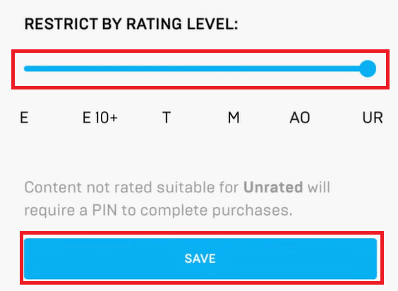 Usa il cursore per selezionare un livello in LIMITAZIONE PER LIVELLO DI RATING e tocca SALVA