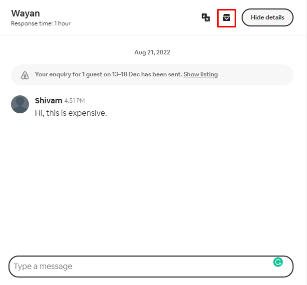 Haga clic en el ícono Archivar antes del ícono Ocultar detalles en la barra de navegación superior | Cómo eliminar un mensaje en Airbnb