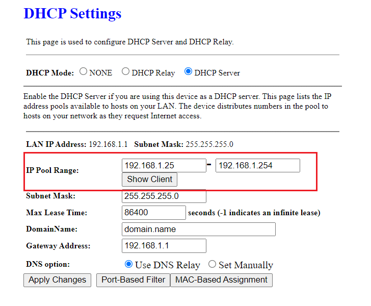 En la página web del enrutador, aumente el rango DHCP de la dirección de red