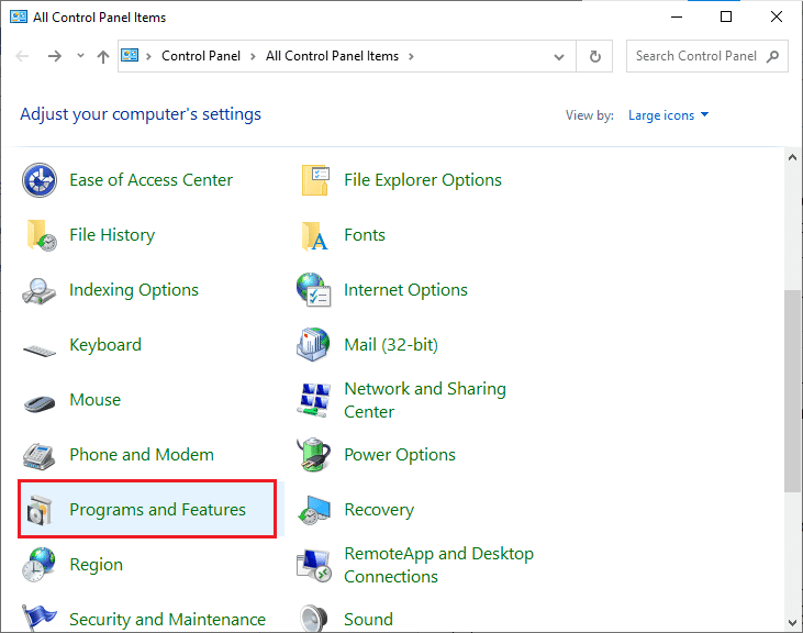 Kliknij Programy i funkcje. Napraw kod błędu powiększenia 2008 w systemie Windows 10
