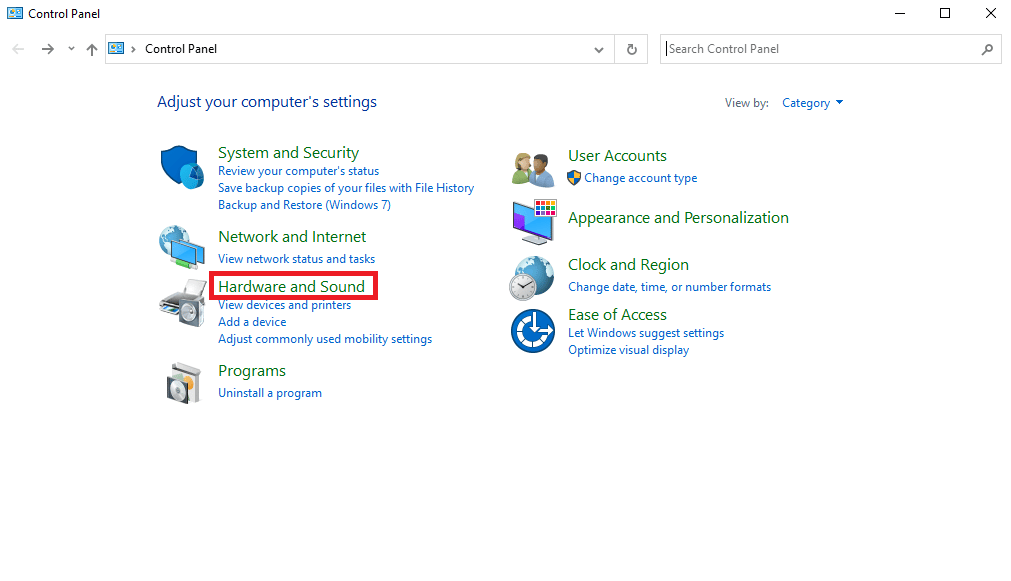 ในหน้าต่าง Control Panel ให้ไปที่ Hardware and Sound แก้ไขข้อผิดพลาด Skype กับอุปกรณ์เล่นบน Windows 10